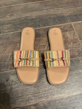 Time and Tru Multicolor Woven Strap Slide Sandals with Nude Footbed